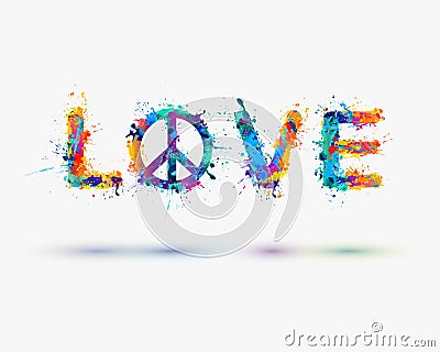 Watercolor inscription love with the sign of peace. Vector Vector Illustration