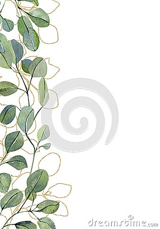 Watercolor inspiration card with hand painted eucalyptus. Green branches and leaves isolated on white background. Floral illustra Cartoon Illustration