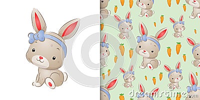 The watercolor inspiration of the cute rabbit with the ribbon head band Vector Illustration