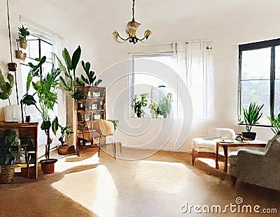 Watercolor of interior of a fully furnished living room for sublet Stock Photo