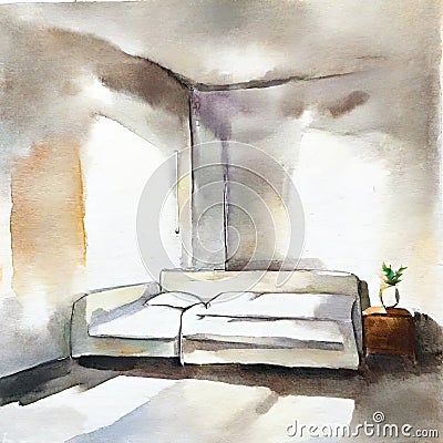 Watercolor of interior of a minimalist and sober Interior IA generativ Stock Photo