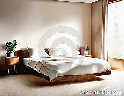 Watercolor of Interior of modern bedroom with wooden beige blanket and Stock Photo
