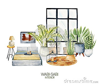 Watercolor interior scene of bedroom in wabi-sabi style, simple living concept Cartoon Illustration