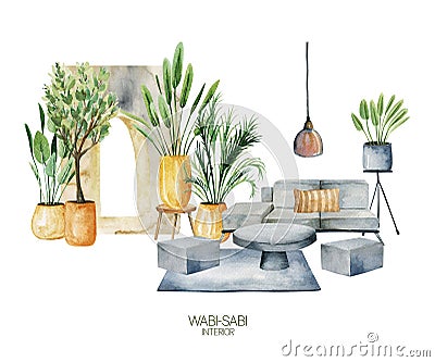 Watercolor interior scene of living room in wabi-sabi style, simple living concept Cartoon Illustration