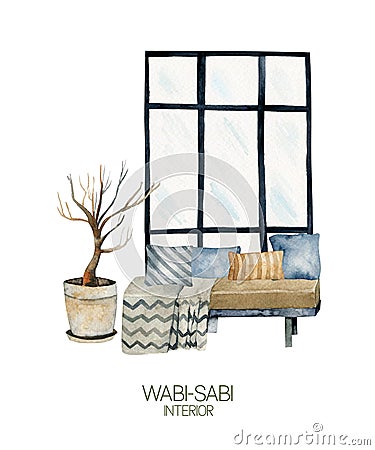 Watercolor interior scenes of rest zone in wabi-sabi style Cartoon Illustration
