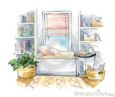 Watercolor interior sketch, a cozy window seat with bookshelves on the side Stock Photo