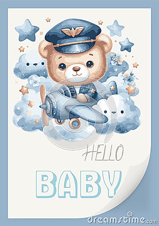 Watercolor invitation card for a baby shower with an illustration of a pilot bear on an airplane. Hello, children s Vector Illustration