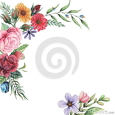 Watercolor invitation design with bouquet of flowers. Hand painted floral compositions isolated on white background Stock Photo