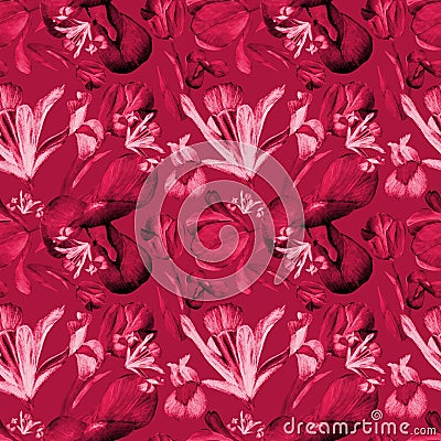 Watercolor iris and tulips seamless pattern red Stock Photo