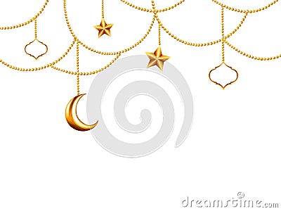 Watercolor Islamic arabian frame with golden crescent moon, stars on a gold chains illustration isolated on white Cartoon Illustration