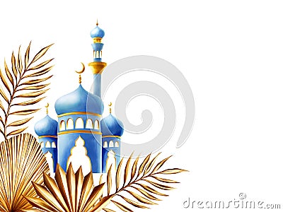 Watercolor Islamic frame with mosque and minaret with crescent moon and golden pampas grass, date palm branch Cartoon Illustration