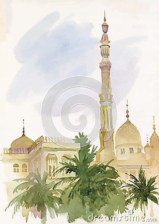 Watercolor islamic mosque painting Vector Illustration