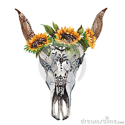 Watercolor isolated bull`s head with flowers and feathers on white background. Boho style. Skull for wrapping, wallpaper Stock Photo