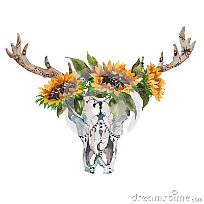 Watercolor isolated bull`s head with flowers and feathers on white background. Boho style. Skull for wrapping, wallpaper Stock Photo