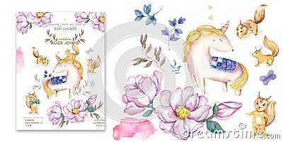 Watercolor isolated cute watercolor unicorn clipart. Nursery unicorns illustration. Princess unicorns poster. Trendy pink cartoon Cartoon Illustration