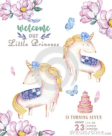 Watercolor isolated cute watercolor unicorn clipart. Nursery unicorns illustration. Princess unicorns poster. Trendy pink cartoon Cartoon Illustration