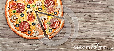 Watercolor Italian pizza on wooden background. Beef snack with salami, olive, sausage, cheese, mushroom, bacon and vegetables. Stock Photo