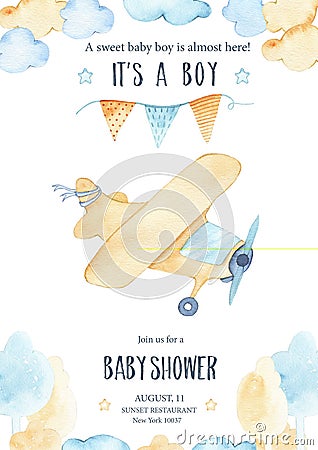 Watercolor its baby boy shower with cute airplane orange plane garland and clouds trees Cartoon Illustration