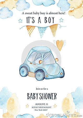 Watercolor its baby boy shower with cute blue car auto garland Cartoon Illustration