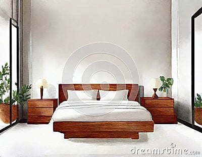 Watercolor of Japandi Style Master Bedroom Interior Design Stock Photo