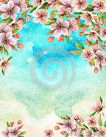 Watercolor japanese cherry blossoms Stock Photo