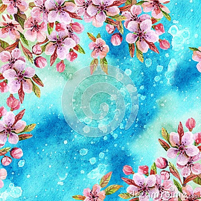 Watercolor japanese cherry blossoms Stock Photo