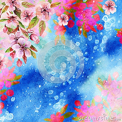 Watercolor japanese cherry blossoms Stock Photo