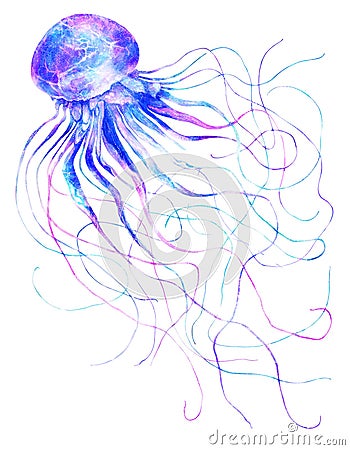 Watercolor jellyfish in modern bright neon colors isolated on white background underwater vivid illustration in large size Design Cartoon Illustration