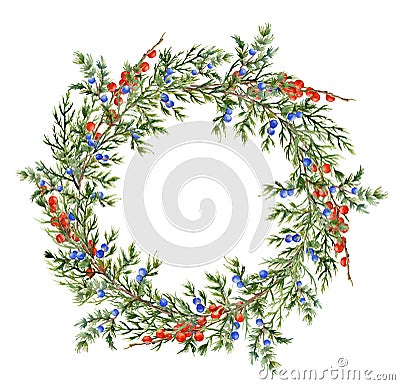 Watercolor juniper wreath with red berries. Hand painted evergreen branch with berries on white background. Botanical Cartoon Illustration