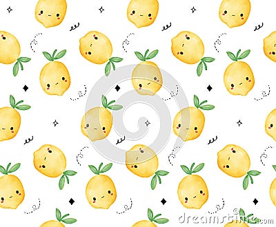 Watercolor Kawaii Lemon Seamless Pattern. Cute citrus Fruit background Illustration Vector Illustration