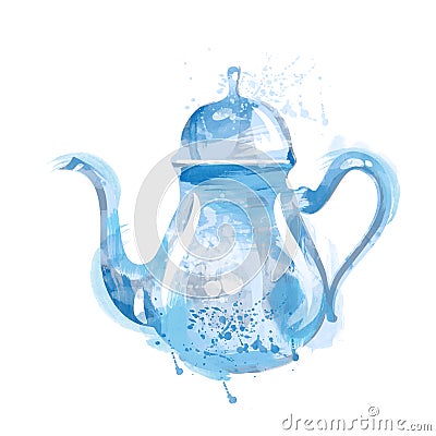 Watercolor kettle with tea Stock Photo