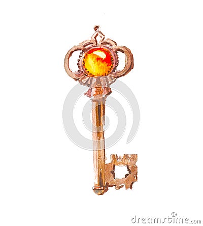 Watercolor key with gold stone. Symbol wealth. Stock Photo