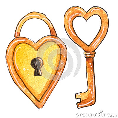 Watercolor key and lock isolated on white background Stock Photo