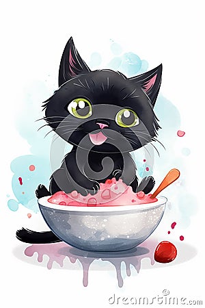 Watercolor kids cartoon cute black cat illustrated Stock Photo