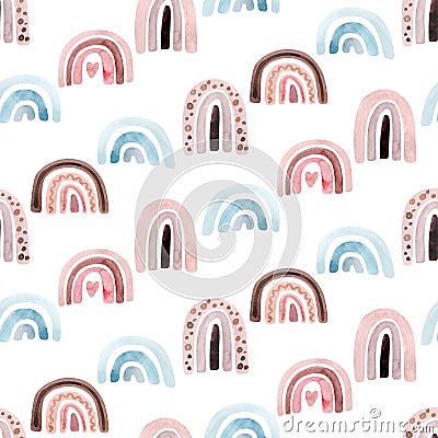 Watercolor kids raindow seamless pattern . scandinavian hand painted boho rainbows background. Nursery art fabric Cartoon Illustration