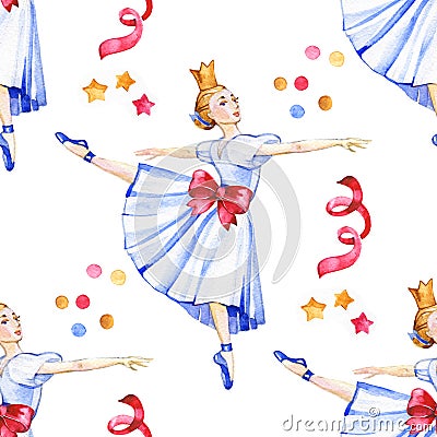 Watercolor kids seamless pattern. Vintage toys, air balloons, ballerina doll. Girl greeting wallpaper design. Stock Photo