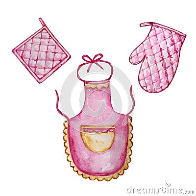 Watercolor kitchen apron and potholder set Vector Illustration