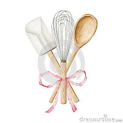 Watercolor kitchen utensils clipart for bakery decoration Stock Photo