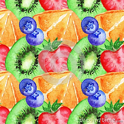 Watercolor kiwi orange strawberry blueberries fruit berry seamless pattern vector Vector Illustration