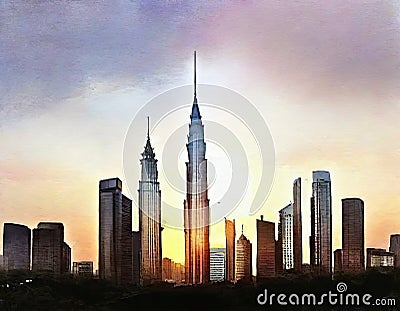 Watercolor of KLCC Sunset home house design Stock Photo