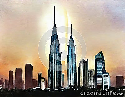 Watercolor of KLCC Sunset home house design Stock Photo