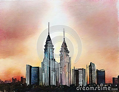 Watercolor of KLCC Sunset home house design Stock Photo