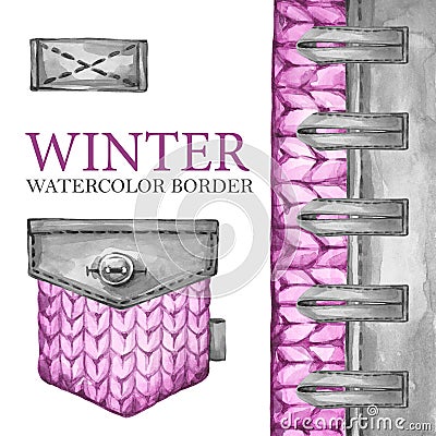 Watercolor knitting border with leather element, buttons and pocket. Fashion textile background. Cartoon Illustration