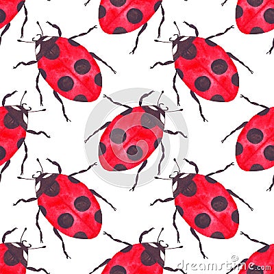 Watercolor ladybug seamless pattern on white background Stock Photo