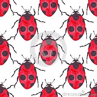 Watercolor ladybug seamless pattern on white background regular simple Stock Photo