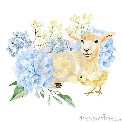 Watercolor Lamb and chicken illustration. Cute farm animal for decor Happy Easter, poster, greeting cards, sublimation print, Cartoon Illustration