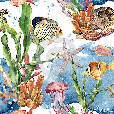 Watercolor laminaria branch, coral reef and sea animals seamless pattern. Hand painted jellyfish, starfish, tropical Cartoon Illustration