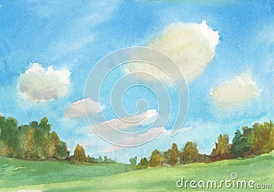 Watercolor landscape with fluffy clouds, trees, green grass. hand painted natural background Stock Photo