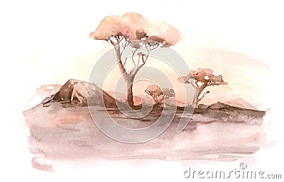 Watercolor landscape: african desert sunrise. Hand painted nature view with Acacia trees. Beautiful safari scene for Stock Photo