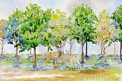 Watercolor landscape of animal, deer family in forest Cartoon Illustration